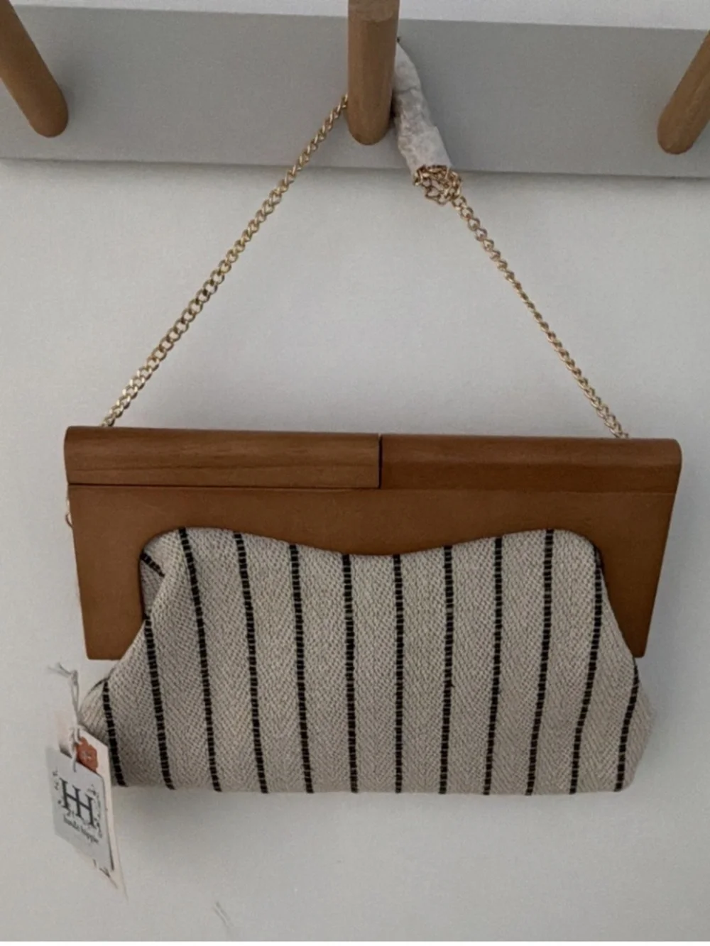 Share Haute Hippie Women’s Striped Rectangle Shoulder Bag Wood Frame Gold Chain